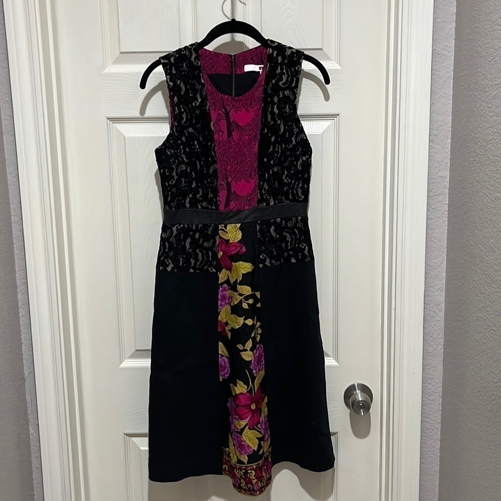 Tracy Reese Mixed Media Stretch A Line Black Pink Floral Dress Size 4